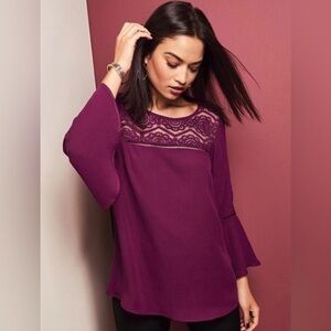 Chic Lace Detail Wine Blouse